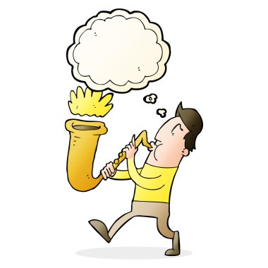 Düşünce baloncuğuyla saksafon çalan çizgi film adamı.