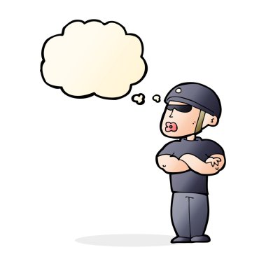 Düşünce baloncuğu olan çizgi film güvenlik görevlisi