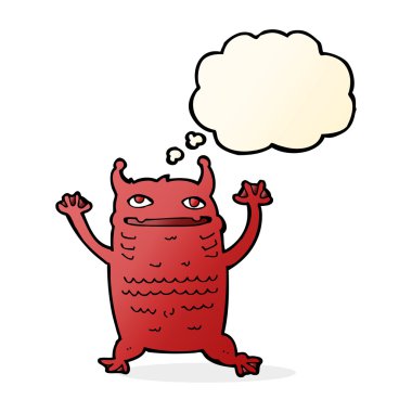 Düşünce baloncuklu küçük canavar.