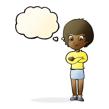 Düşünce baloncuğu olan gururlu bir kadın.