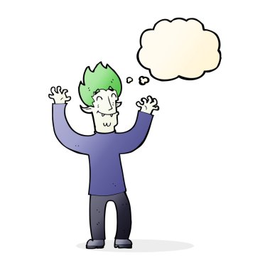 Düşünce baloncuklu mutlu vampir adam çizgi filmi.