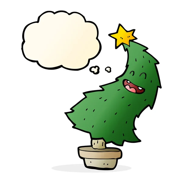 Cartoon árvore de Natal dança com bolha de pensamento — Vetor de Stock