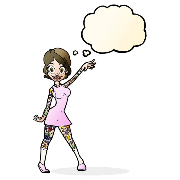 Femme dessin animé avec tatouages avec bulle de pensée — Image vectorielle