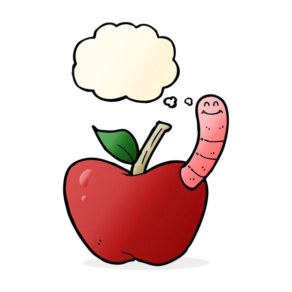Kreslené jablko s červem s myšlenkovou bublinou — Stockový vektor