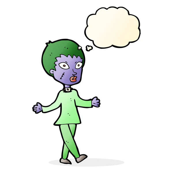 Desenho animado halloween zombie mulher com bolha de pensamento — Vetor de Stock