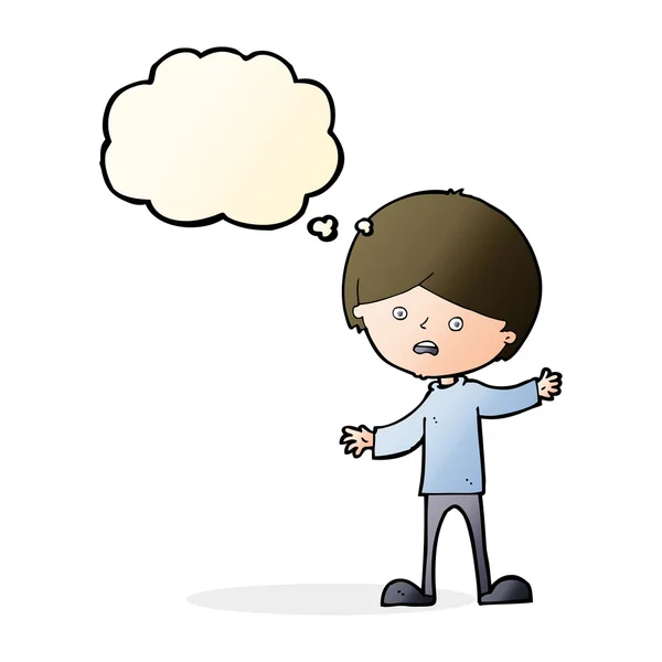 Cartoon unhappy boy with thought bubble — Stock Vector