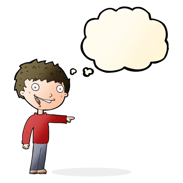 Karikatur glücklicher Junge lacht mit Gedankenblase — Stockvektor