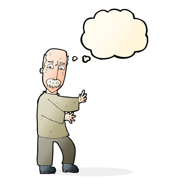 Cartoon boos oude man met gedachte bubble — Stockvector