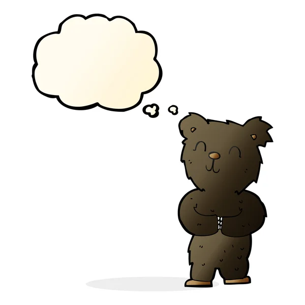 Desenho animado pequeno urso preto feliz com bolha de pensamento —  Vetores de Stock