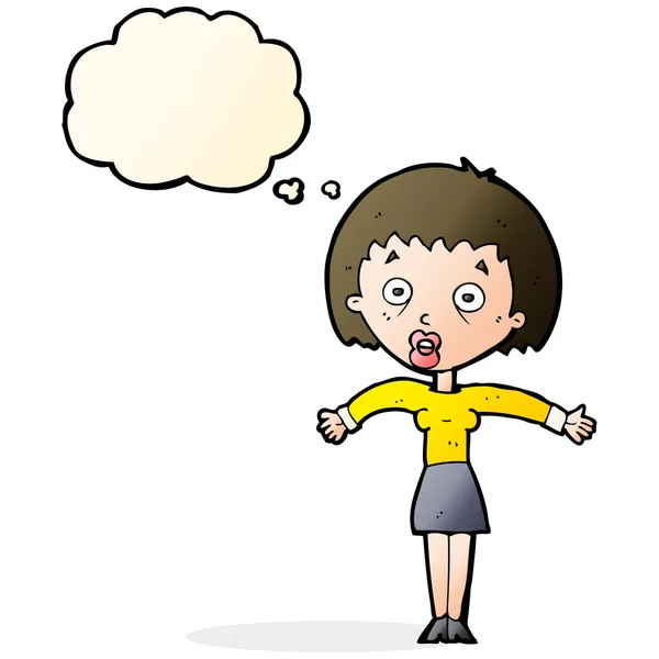 Cartoon woman shrugging shoulders with thought bubble — Stock Vector