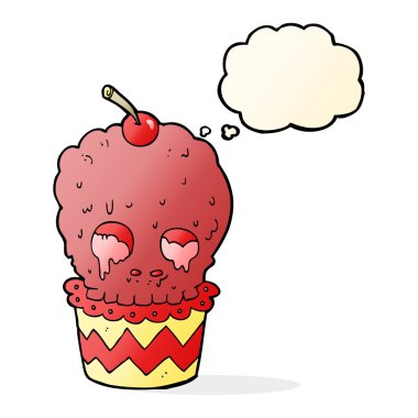 Düşünce baloncuklu ürkütücü kafatası kek çizgi filmi