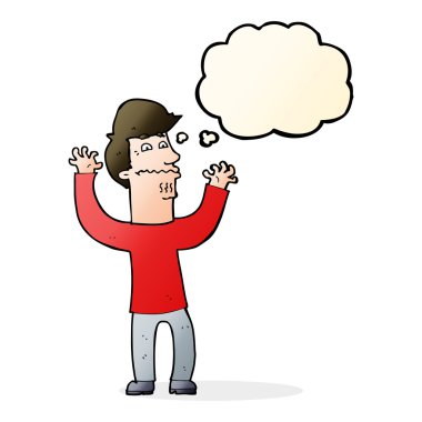 Düşünce baloncuklu sinirli bir adam.