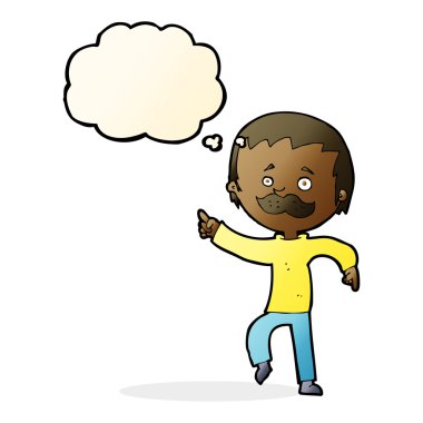 Düşünce baloncuğuyla işaret eden bıyıklı çizgi film adamı.