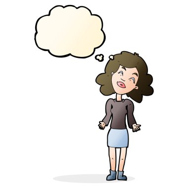 Çizgi filmdeki kadın düşünce balonuyla omuz silkiyor.