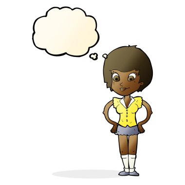 Düşünce baloncuklu kalçaları olan güzel bir kadın.