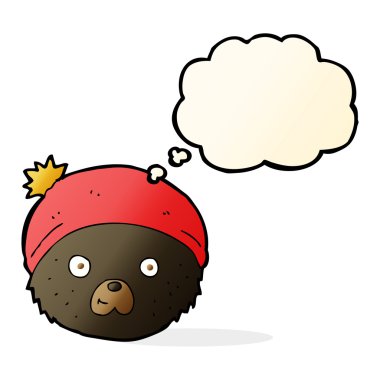 Düşünce baloncuklu oyuncak ayı yüzlü çizgi film.