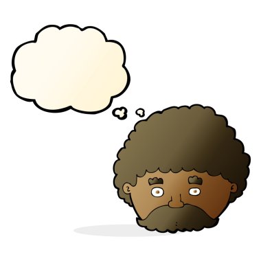 Düşünce baloncuklu bıyıklı çizgi film adamı.