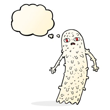 Düşünce baloncuklu hayaletli karikatür.