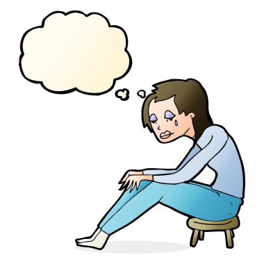 Düşünce baloncuğu olan ağlayan kadın.