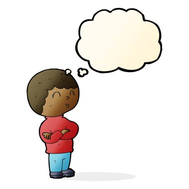 Düşünce baloncuğuyla kollarını kavuşturmuş çizgi film çocuğu.