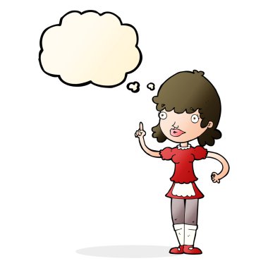 Düşünce kabarcığı olan çizgi film kızı.