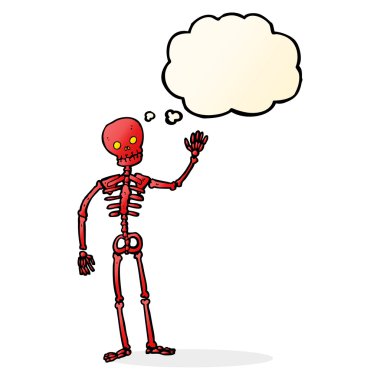Düşünce baloncuğu ile iskeleti sallayan çizgi film