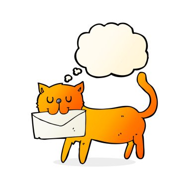 Düşünce baloncuklu mektup taşıyan çizgi film kedisi.