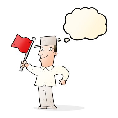 Düşünce baloncuğuyla bayrak sallayan çizgi film adamı.