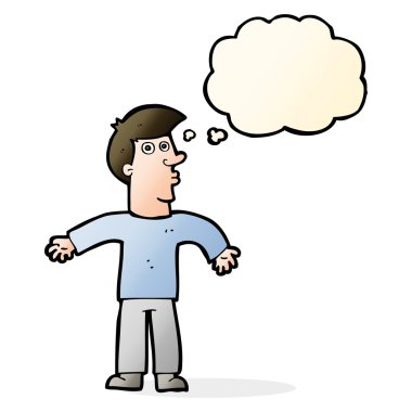 Çizgi filmci düşünce baloncuğuyla omuz silkiyor.