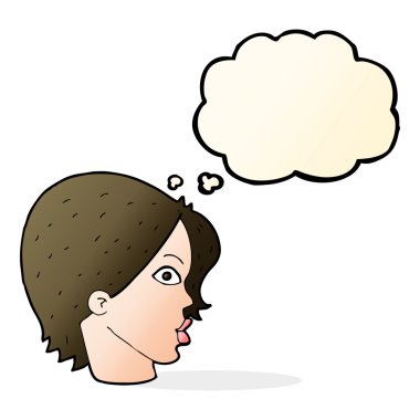 Düşünce baloncuğu olan çizgi film kadını.