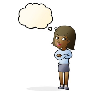 çizgi film mutlu kadın düşünce baloncuğuyla bakıyor