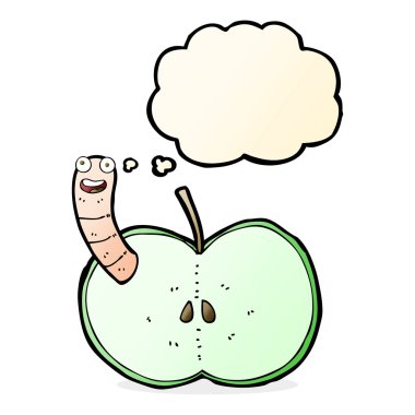 Düşünce baloncuklu solucanlı çizgi film elması
