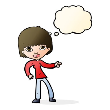 Çizgi film kadını düşünce balonunu işaret ediyor.