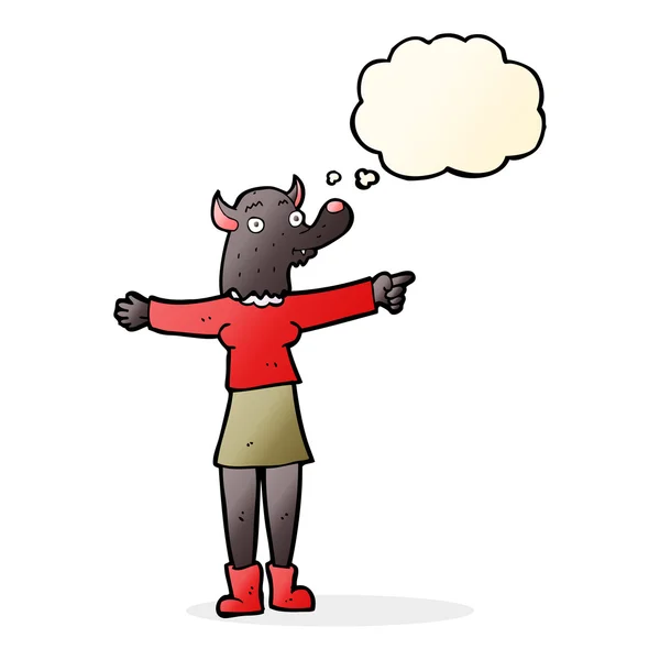Cartone animato puntando donna lupo mannaro con bolla di pensiero — Vettoriale Stock