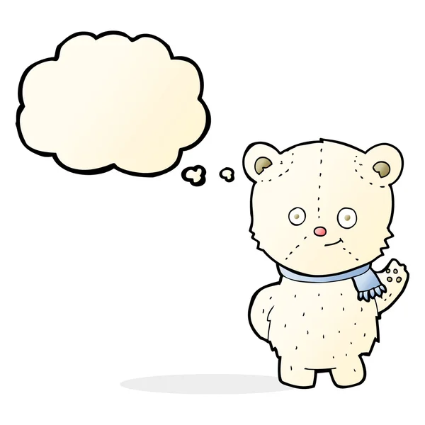 Lindo oso polar de dibujos animados ondeando con burbuja de pensamiento — Vector de stock