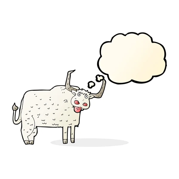 Dibujos animados vaca peluda con burbuja de pensamiento — Vector de stock