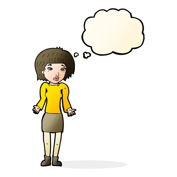 Cartoon woman shrugging shoulders with thought bubble — Stock Vector