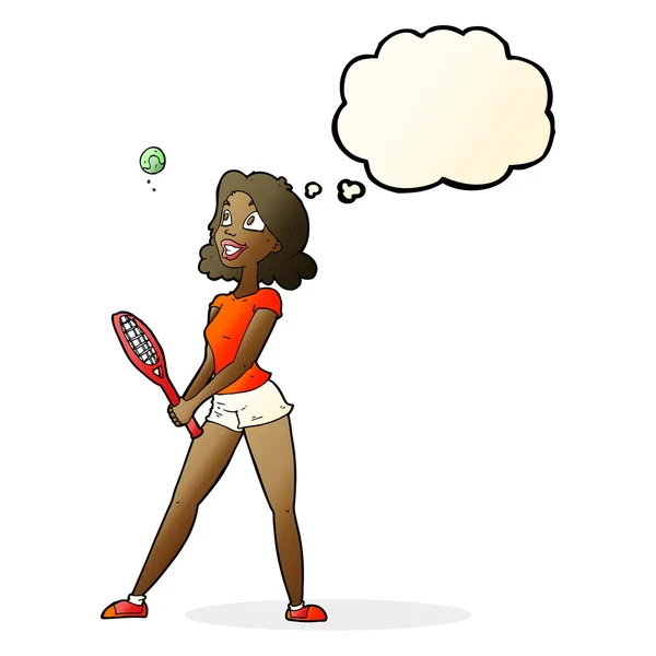 Mulher dos desenhos animados jogando tênis com bolha pensamento — Vetor de Stock
