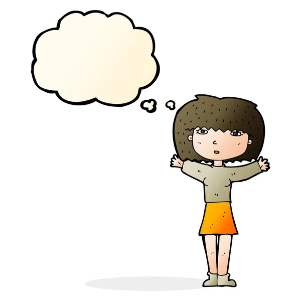Femme dessin animé levant les bras dans l'air avec bulle de pensée — Image vectorielle