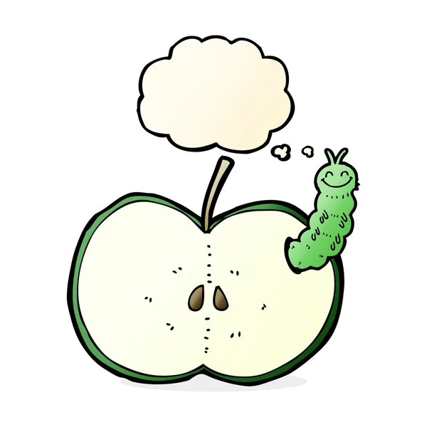 Dibujos animados de insectos comer manzana con burbuja de pensamiento — Vector de stock