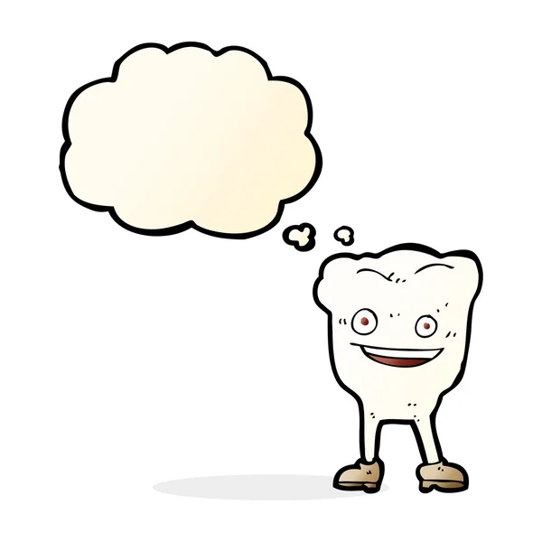 Cartone animato felice dente personaggio con bolla di pensiero — Vettoriale Stock