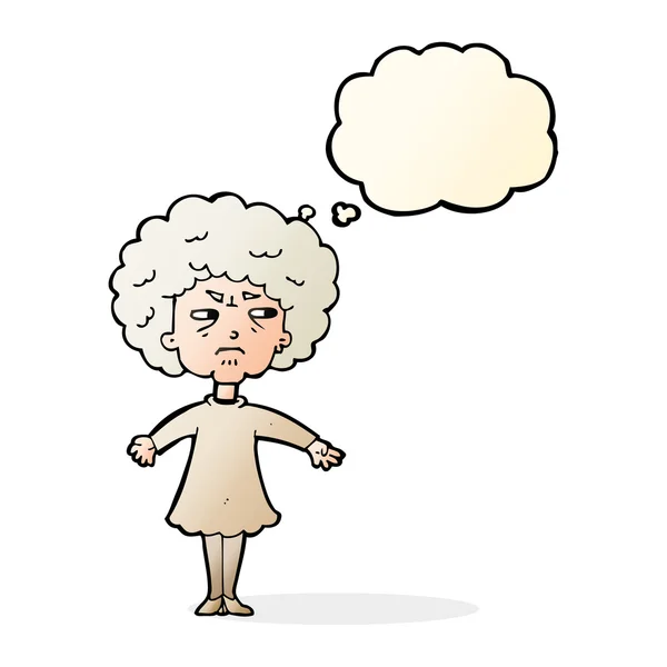 Cartoon bitter old woman with thought bubble — Stock Vector