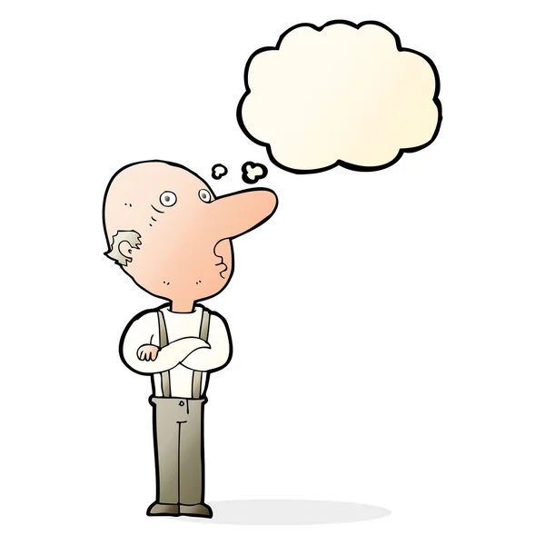 Cartoon old man with folded arms with thought bubble — Stock Vector