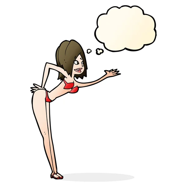 Mujer de dibujos animados en bikini con burbuja de pensamiento — Vector de stock