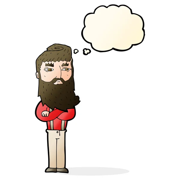 Cartone animato uomo serio con barba con bolla di pensiero — Vettoriale Stock