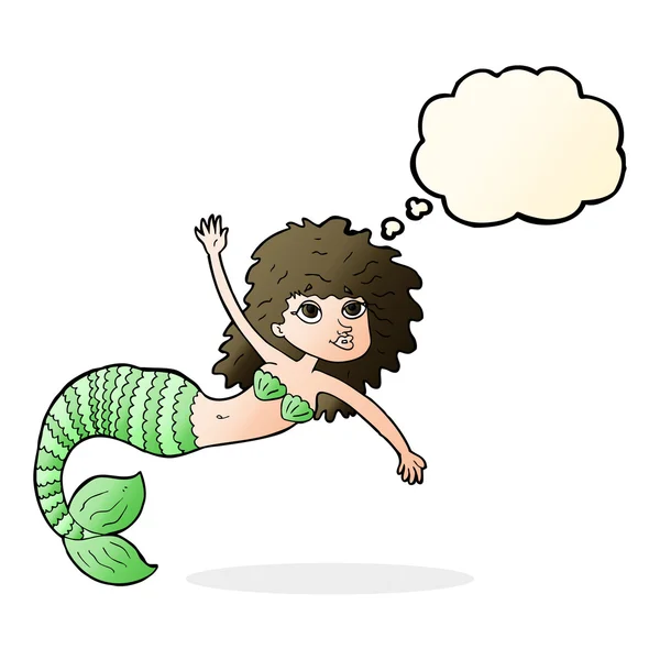 Karikatur hübsche Meerjungfrau winkt mit Gedankenblase — Stockvektor