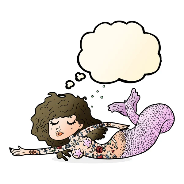 Cartoon zeemeermin met tatoeages met gedachte zeepbel — Stockvector