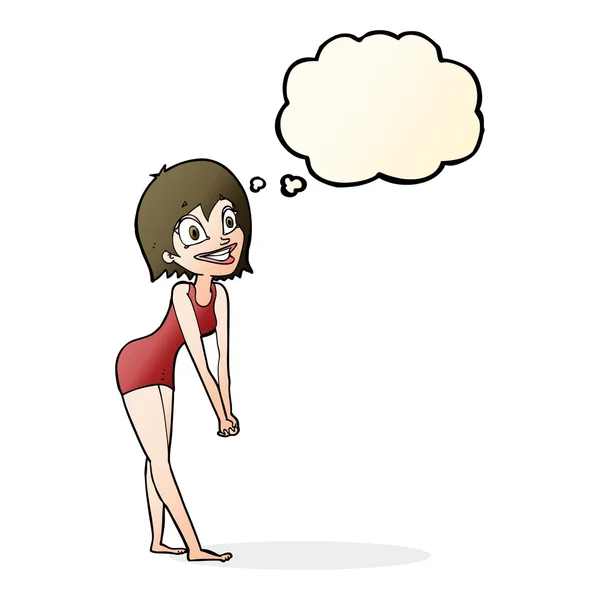 Cartone animato donna eccitato con bolla di pensiero — Vettoriale Stock