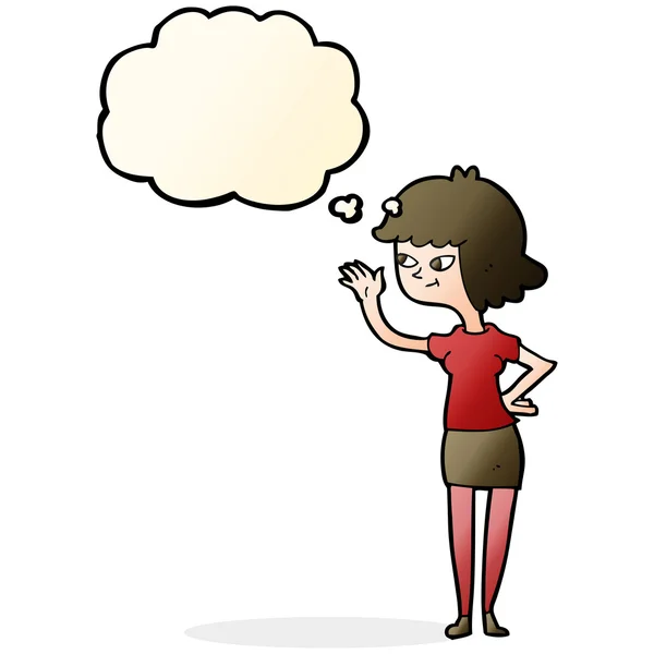 Cartoon friendly girl waving with thought bubble — Stock Vector