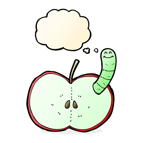 Cartoon-Apfel mit Wurm mit Gedankenblase — Stockvektor